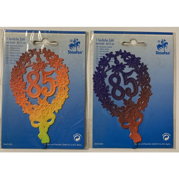 A - Demmler STA-1226-85-0192 - „85“ Jubiläumszahl farbig - Festliche Zahlen - Blumenstecker - Schmuckzahl - 8x12cm
