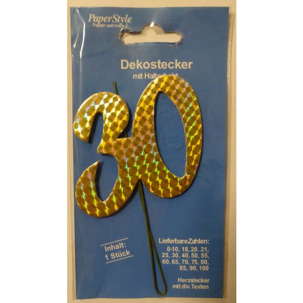 A - Demmler STA-PAPER-GOLD-30 - „30“ Jubiläumszahl gold - Festliche Zahlen - Blumenstecker - Schmuckzahl - 7 x 7,5 cm