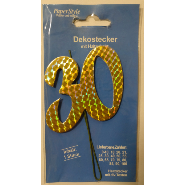 A - Demmler STA-PAPER-GOLD-30 - „30“ Jubiläumszahl gold - Festliche Zahlen - Blumenstecker - Schmuckzahl - 7 x 7,5 cm