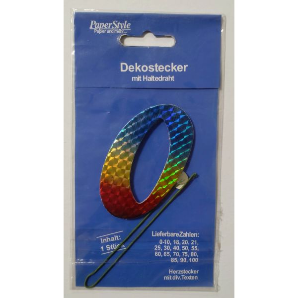 A - Demmler STA-PAPER-BUNT-0 - „0“ Jubiläumszahl farbig - Festliche Zahlen - Blumenstecker - Schmuckzahl - 7 x 7,5 cm