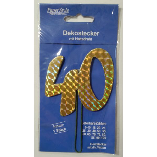 A - Demmler STA-PAPER-BUNT-40 - „40“ Jubiläumszahl farbig - Festliche Zahlen - Blumenstecker - Schmuckzahl - 7 x 7,5 cm