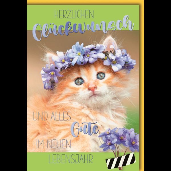 Geburtstag Glückwunschkarte mit Umschlag Babykatze, Blumenkranz