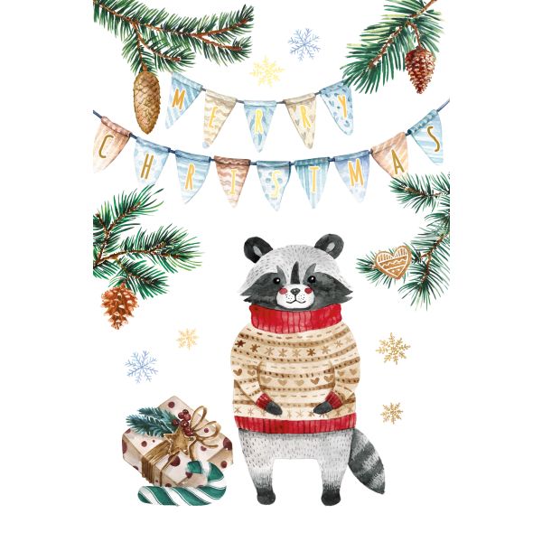 Weihnachten Glückwunschkarte mit Umschlag Waschbär mit Pullover, Wimpelkette, Geschenk, Zuckerstange mit Goldfolie