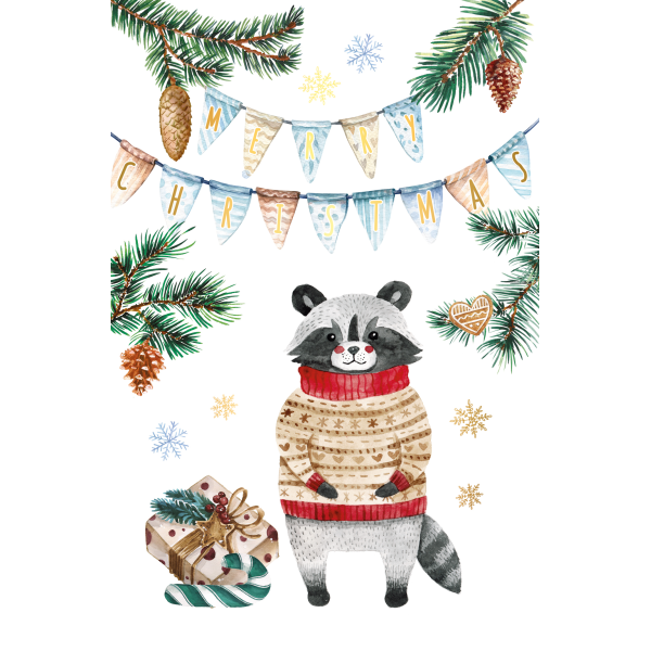 Weihnachten Glückwunschkarte mit Umschlag Waschbär mit Pullover, Wimpelkette, Geschenk, Zuckerstange mit Goldfolie