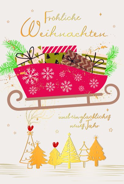 Weihnachten - Glückwunschkarte im Format 11,5 x 17 cm mit Umschlag - Schlitten mit Geschenken, Nadelbäume - mit Goldfolie - Skorpion