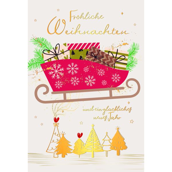 Weihnachten Glückwunschkarte mit Umschlag Schlitten mit Geschenken, Nadelbäume mit Goldfolie