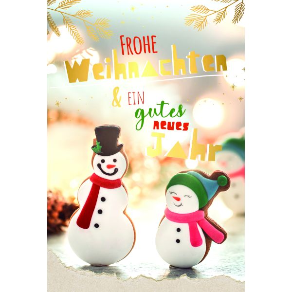 Weihnachten Glückwunschkarte mit Umschlag Lebkuchenschneemänner mit Goldfolie