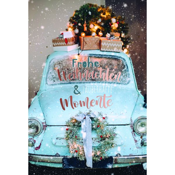 Weihnachten Glückwunschkarte mit Umschlag Auto mit Weihnachtskranz, Geschenken und Weihnachtsbaum mit roségoldener Metallicfolie