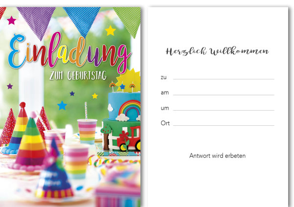 Einladung Geburtstag (5 Stück) - bunt gedeckter Tisch - Karte mit Umschlag