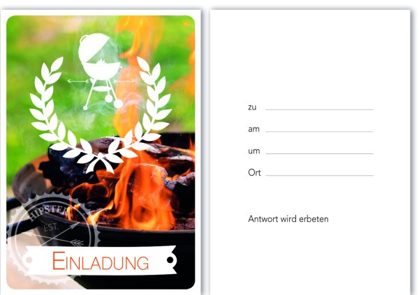 Einladung (5 Stück)- Grill mit Feuer - Karte mit Umschlag