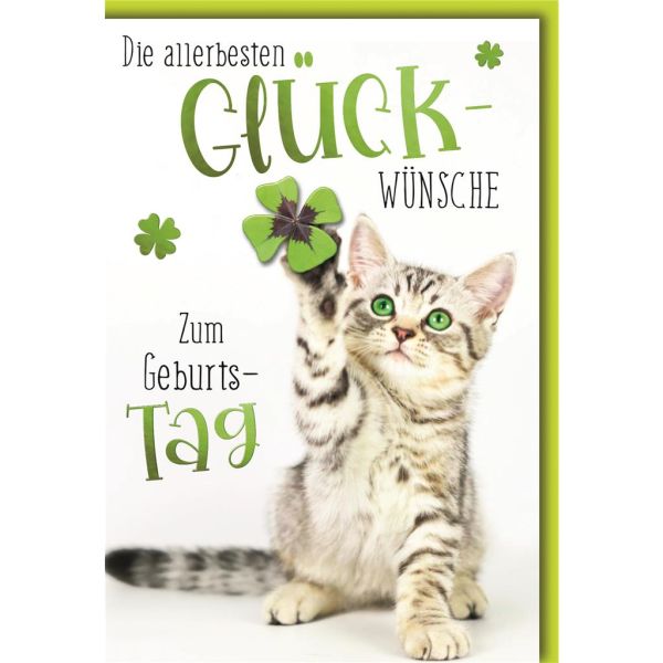 Geburtstag Glückwunschkarte mit Umschlag Katze spielt mit Kleeblatt
