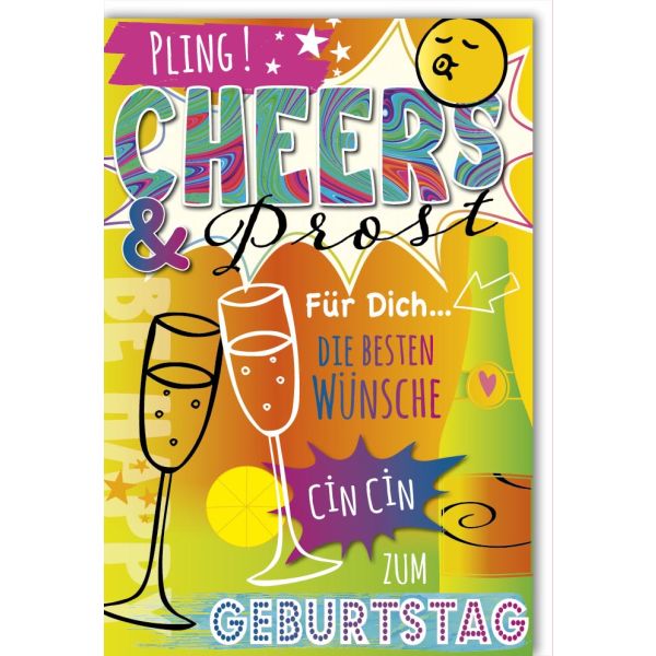 Geburtstag Glückwunschkarte mit Umschlag Pling! Cheers & Prost