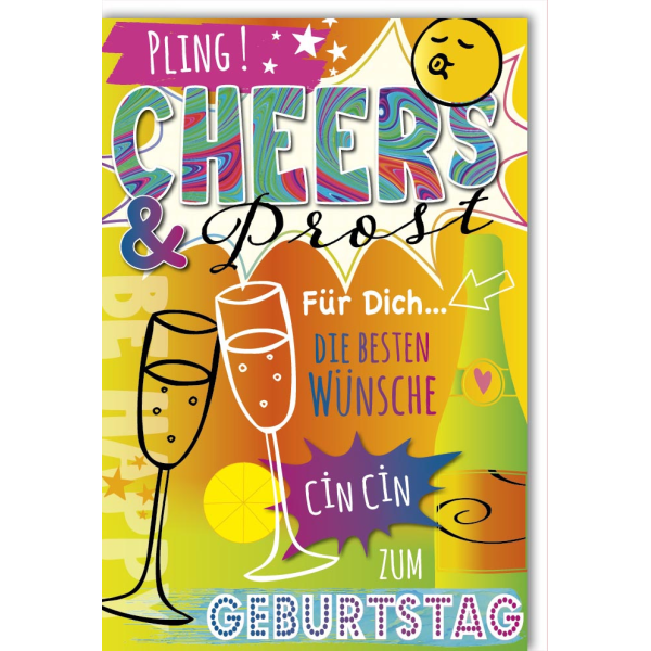 Geburtstag Glückwunschkarte mit Umschlag Pling! Cheers & Prost
