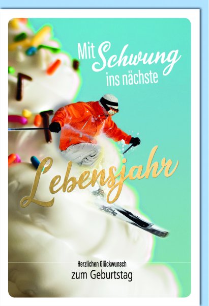 Geburtstag - Glückwunschkarte im Format 11,5 x 17 cm mit Umschlag - Skifahrer, Cupcake Topper - Verlag Dominique