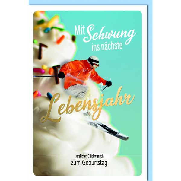Geburtstag Glückwunschkarte mit Umschlag Skifahrer, Cupcake Topper