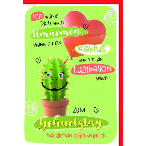 Geburtstag Glückwunschkarte mit Umschlag Umarmen Kaktus Luftballon Herzlichen Glückwunsch