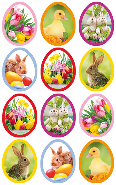 Sticker Ostern - 7,8x12,5 cm - 3 Bögen mit 12 Aufklebern Hasen + Blumen