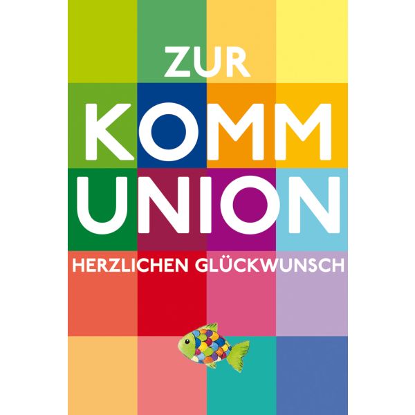 Kommunion Herzlichen Glückwunsch bunte Karo Regenbogenfisch Glückwunschkarte mit Briefumschlag