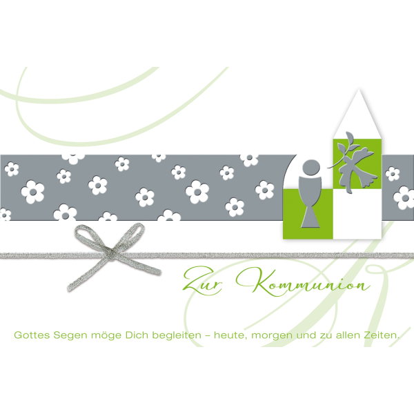 Kommunion Blumen Kelch Taube silber Glückwunschkarte mit Briefumschlag