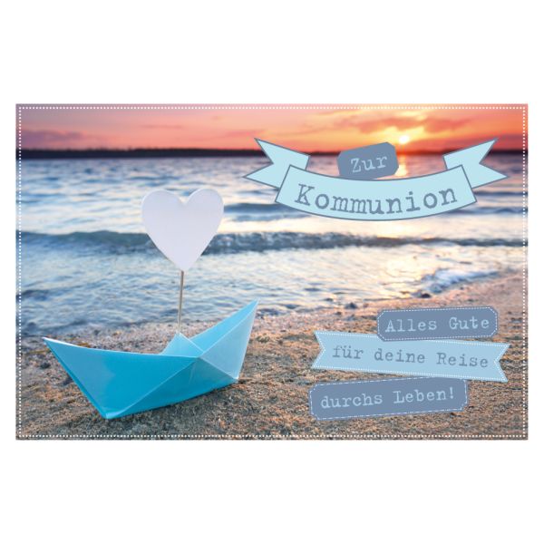 Kommunion Papierschiff an Strand mit Herz Sonnenuntergang unverpackte Glückwunschkarte mit Briefumschlag