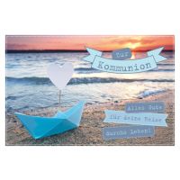 Kommunion Papierschiff an Strand mit Herz Sonnenuntergang...