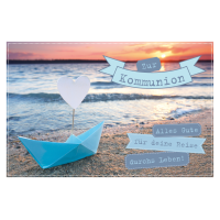 Kommunion Papierschiff an Strand mit Herz Sonnenuntergang...