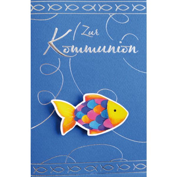 Kommunion Regenbogenfisch Applikation mit Silberfolie Glückwunschkarte mit Briefumschlag