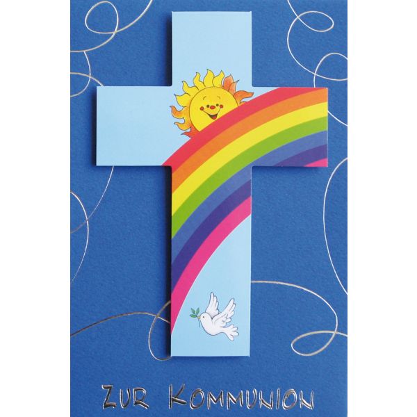 Kommunion Glückwunschkarte mit Umschlag  Kreuz Regenbogen Sonne