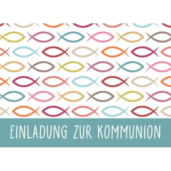 Einladungen zur Kommunion 5 Karten 5 Umschläge im Topper Querformat Fische