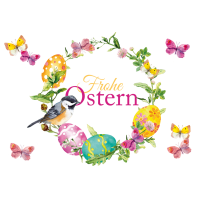 Ostern Amsel Eier auf Blumenkranz rosa Schmetterlinge...
