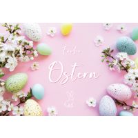 Ostern Eier auf rosa Tisch Blumen unverpackte...