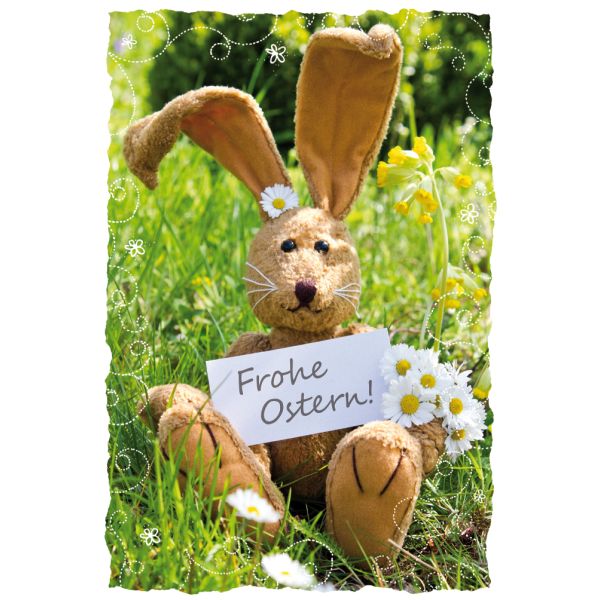 Ostern Stoffhase auf Wiese mit Schild Glückwunschkarte mit Briefumschlag