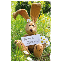 Ostern Stoffhase auf Wiese mit Schild...