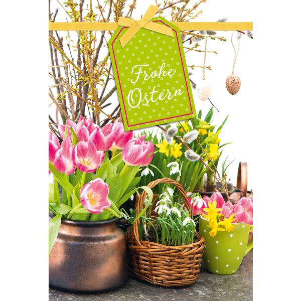Ostern Blumen in Vasen Eier im Baum Glückwunschkarte mit Briefumschlag