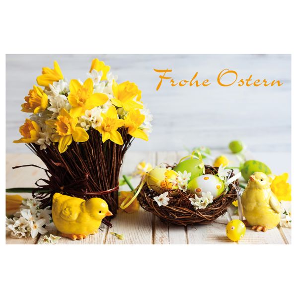 Ostern Osterglocken in Vase Eier im Nest Küken aus Porzellan Glückwunschkarte mit Briefumschlag