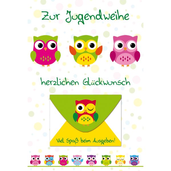 Jugendweihe Geldgeschenkkarte mit Umschlag  Eulen Herzlichen Glückwunsch