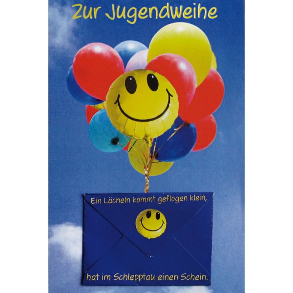 Jugendweihe Geldgeschenkkarte mit Umschlag  Smiley Luftballons