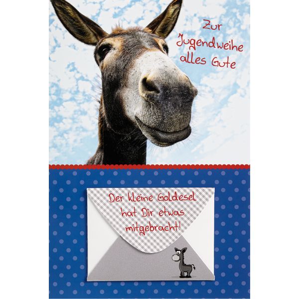 Jugendweihe Geldgeschenkkarte mit Umschlag  Esel Goldesel Alles Gute