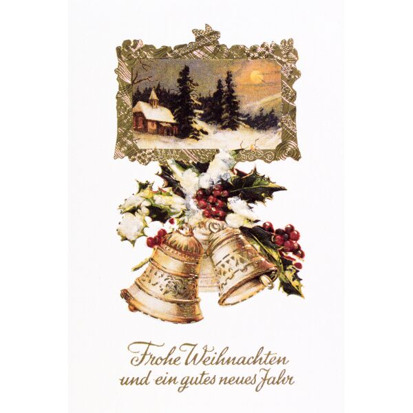 A - Weihnachten  Grußkarte mit Umschlag Winterlandschaft mit Glocken Frohe Weihnachten Gutes Neues Jahr