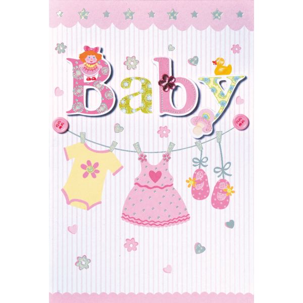 Geburt Ereignis Glückwunschkarte mit Umschlag  Baby Mädchen Wäscheleine