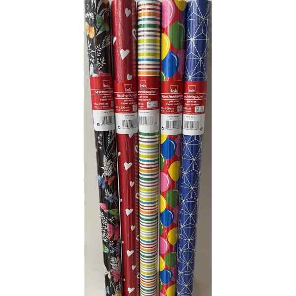 Geschenkpapierrollen Sortiment 30 Stück 5 Dekore 70x200 cm Bundle UVP € 75,00 Bundle Geschenkpapierröllchen