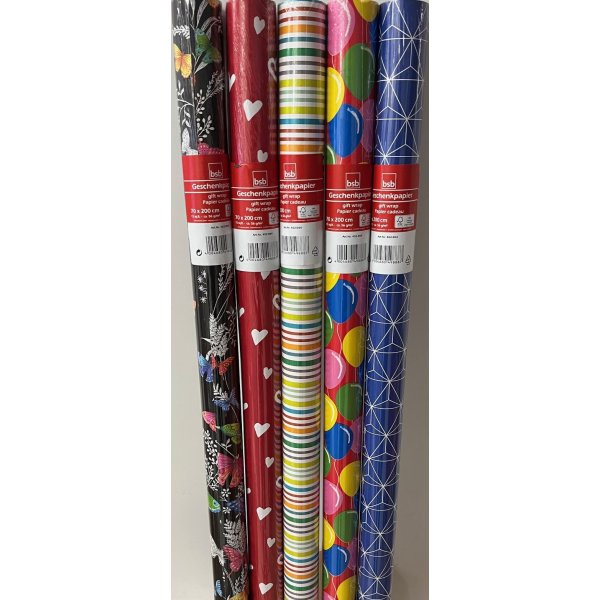 Geschenkpapierrollen Sortiment 30 Stück 5 Dekore 70x200 cm Bundle UVP € 75,00 Bundle Geschenkpapierröllchen