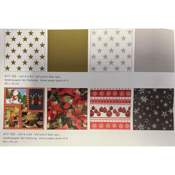 Weihnachten Geschenkpapier Seidenpapier 70x50cm 4 Bögen in Umverpackung