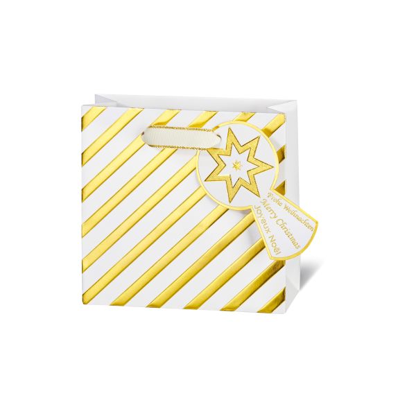 Weihnachten Tasche CD-Format Christmas Stripes Geschenktüte weiß mit goldenen Streifen