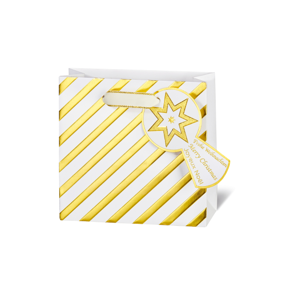 Weihnachten Tasche CD-Format Christmas Stripes Geschenktüte weiß mit goldenen Streifen