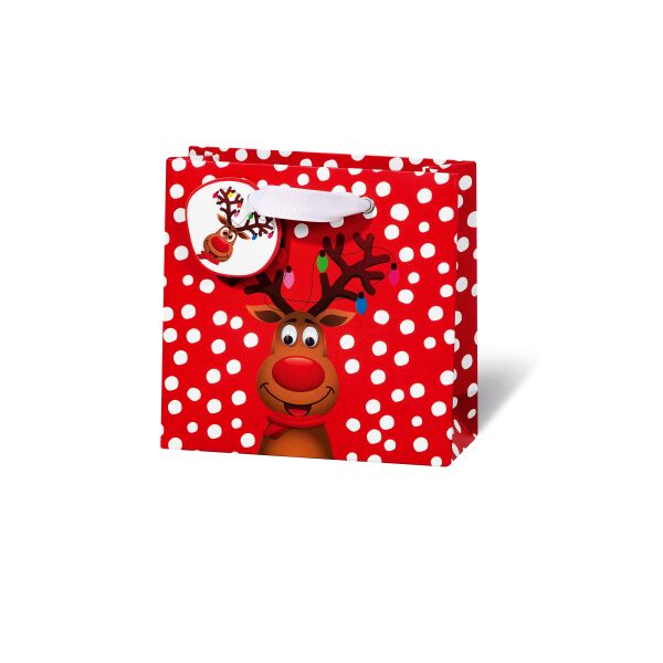 Tasche CD-Format Funny Christmas Rudolf Rentier rot-weiß Geschenktüte Weihnachten