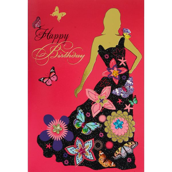 Geburtstag Collage Glückwunschkarte mit Umschlag Frau Kleid Blumen Happy Birthday