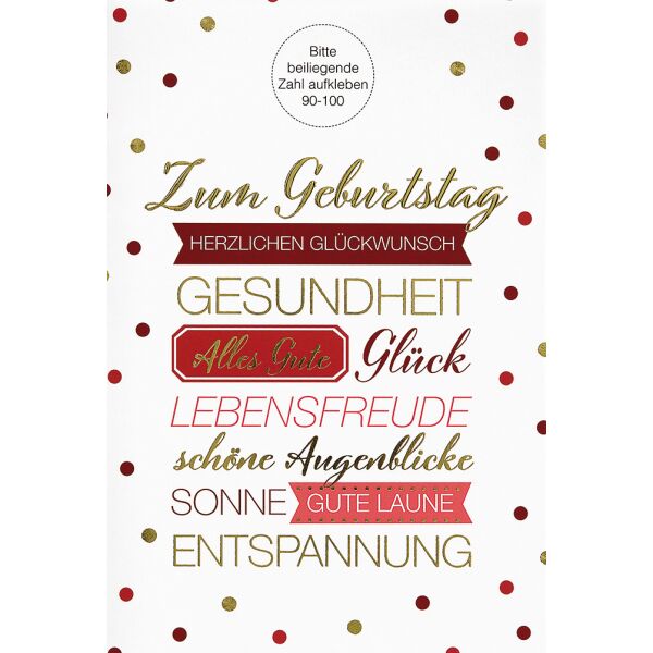 A - Geburtstag  Glückwunschkarte mit Umschlag Zahlensticker 90 - 100 zum aufkleben