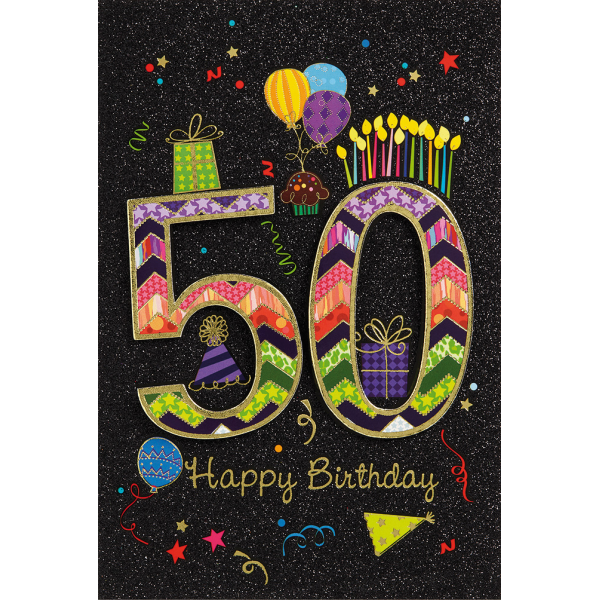 50. Geburtstag Glückwunschkarte mit Umschlag 50 Bunt Kerzen Ballons Happy Birthday