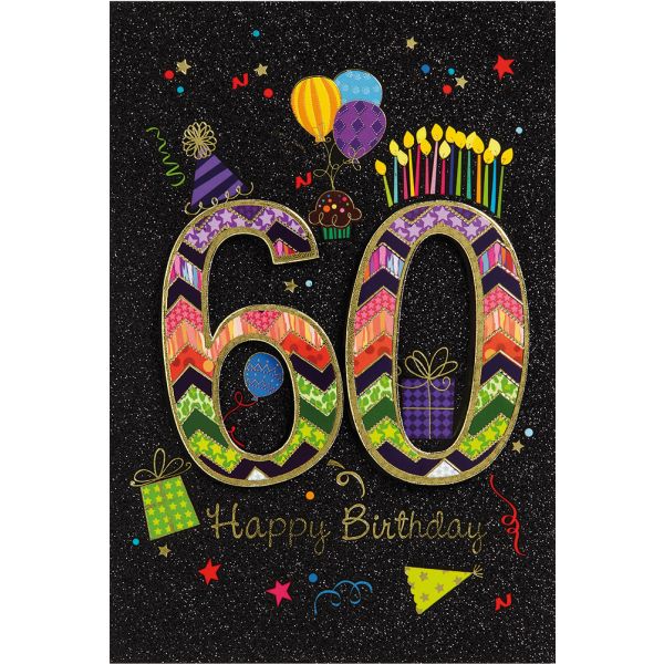60. Geburtstag Glückwunschkarte mit Umschlag 60 Bunt Kerzen Ballons Happy Birthday